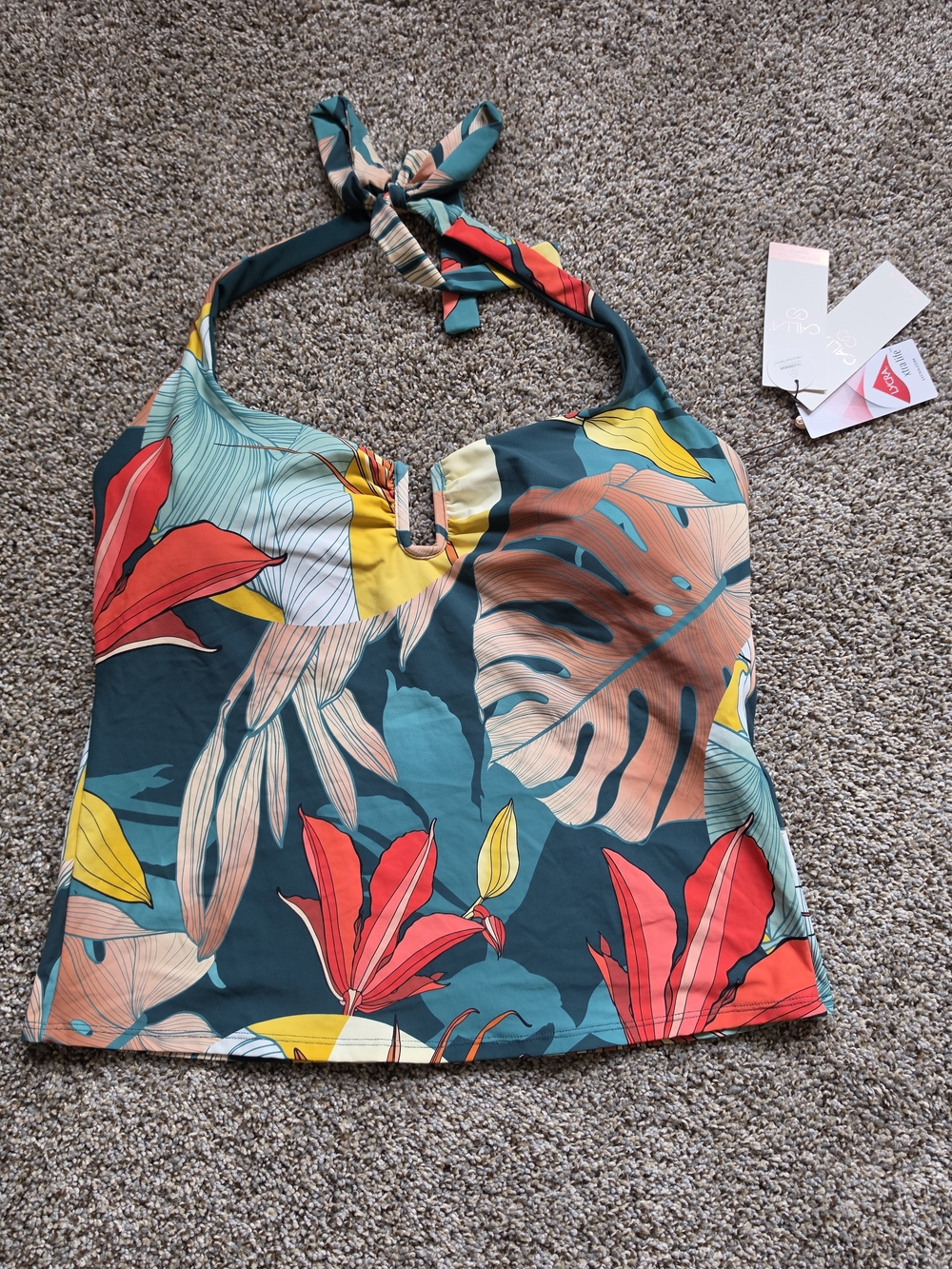 CALIA by Carrie Underwood Teal Tropical Halter Swim Tankini Top